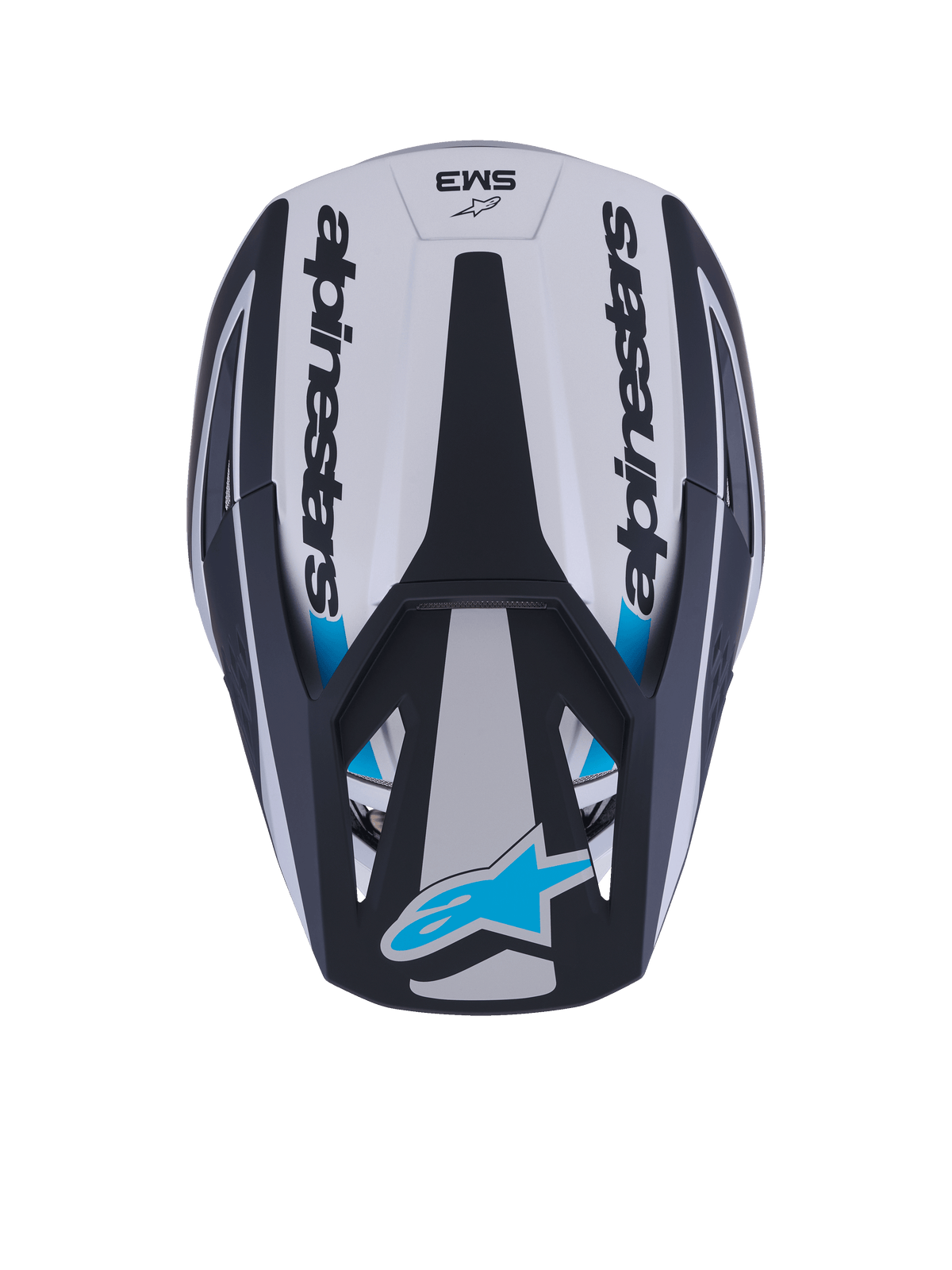 Alpinestars S-M3 Heat Helmet, Motocross Helmet, Top View, Silver Blue and Black Matte, featuring Alpinestars wordmark on the sides, blue Astar logo on the visor peak, and aerodynamic shell design with a matte finish.