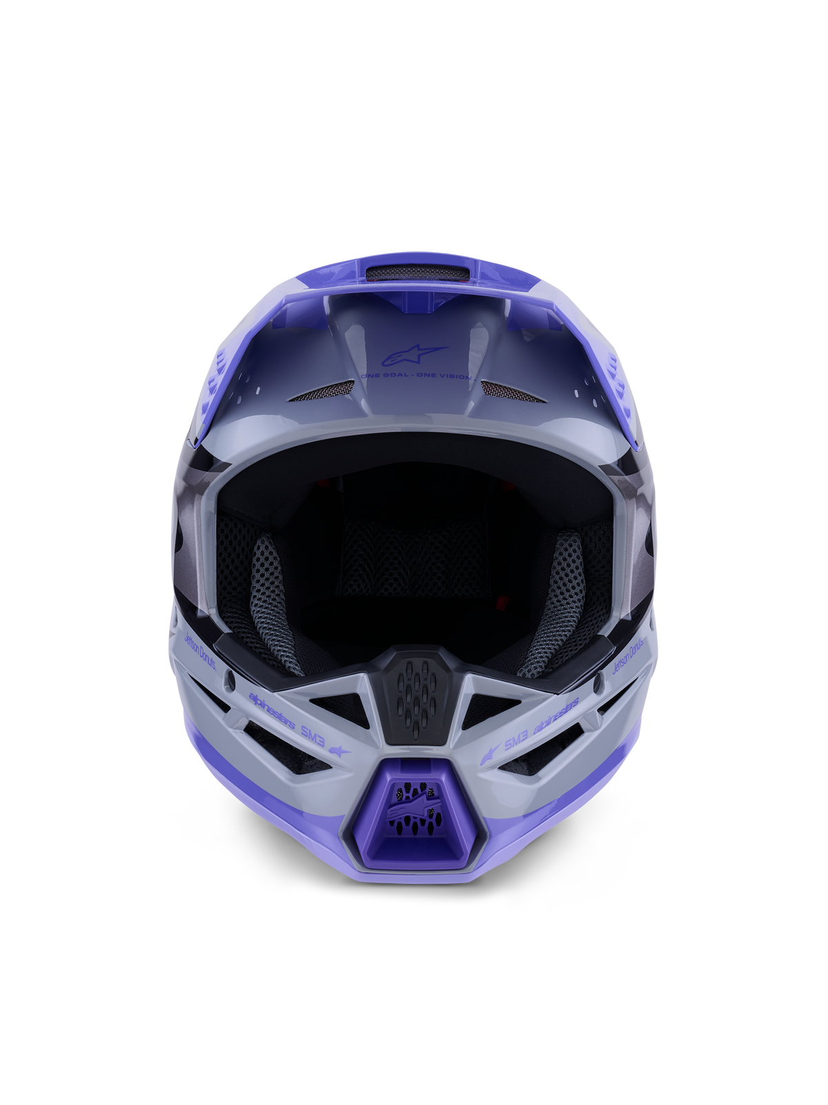 Alpinestars S-M3 Jettson Helmet, Motocross Helmet, Gray Purple and Black Glossy, front view featuring a wide eye port and ventilated chin guard with purple accents, sleek thermo-injected shell design for off-road performance