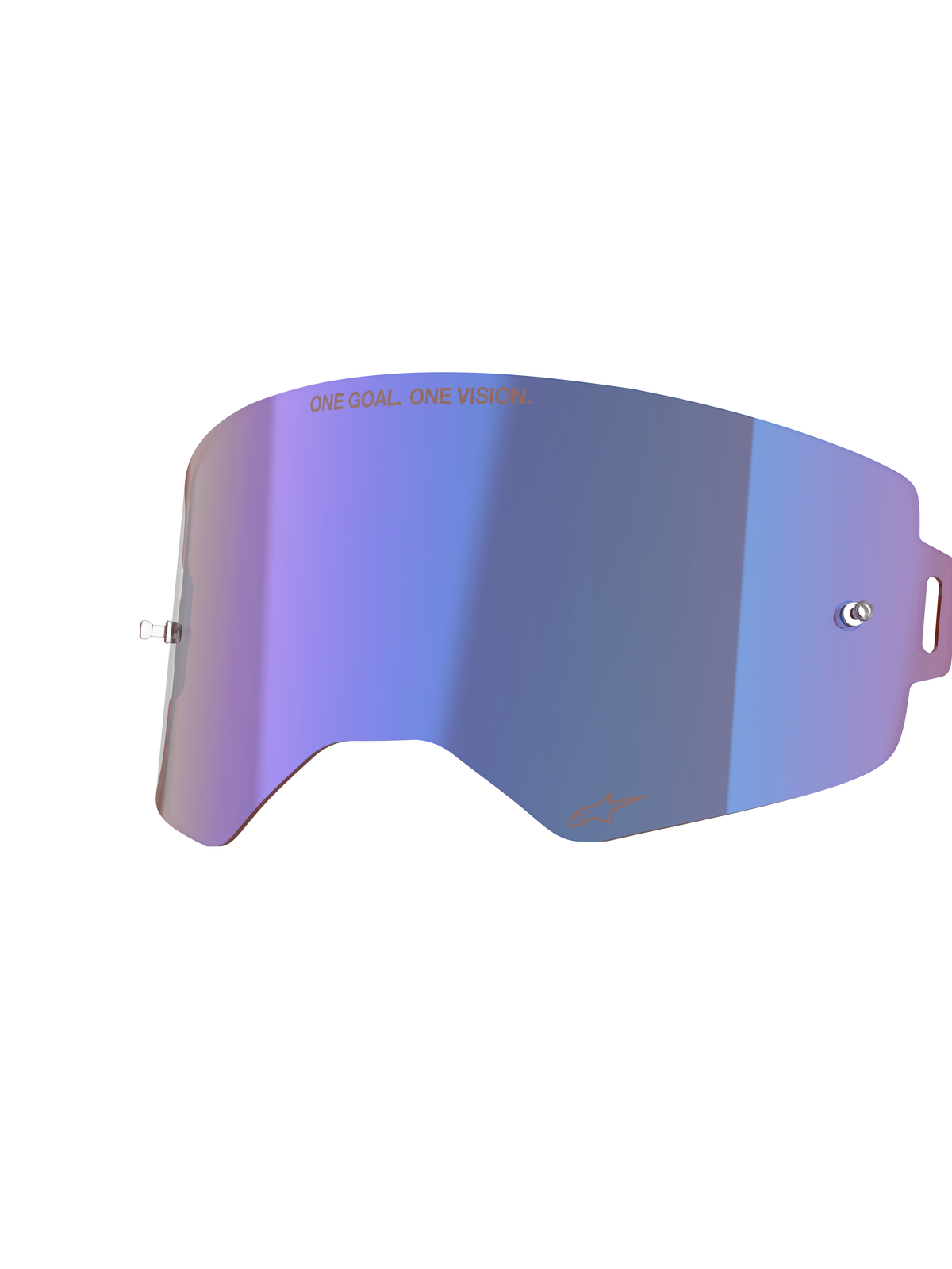 Alpinestars Supertech Mirror Lens, Motocross Goggle Replacement Lens, Mirror Blue with purple iridescent finish, featuring integrated tear-off posts, "ONE GOAL. ONE VISION." text at the top, and Alpinestars logo at the bottom, high-clarity polycarbonate for off-road racing