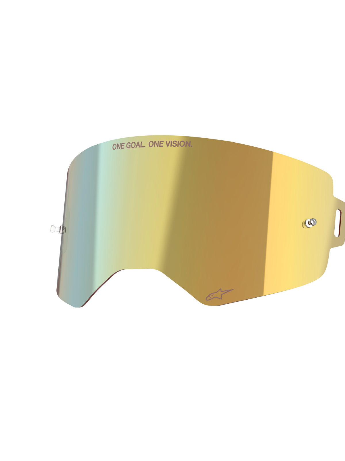 Alpinestars Supertech Mirror Lens, Mirror Gold, reflective replacement goggle lens with integrated tear-off posts and 'ONE GOAL. ONE VISION.' text, high-clarity motocross accessory.