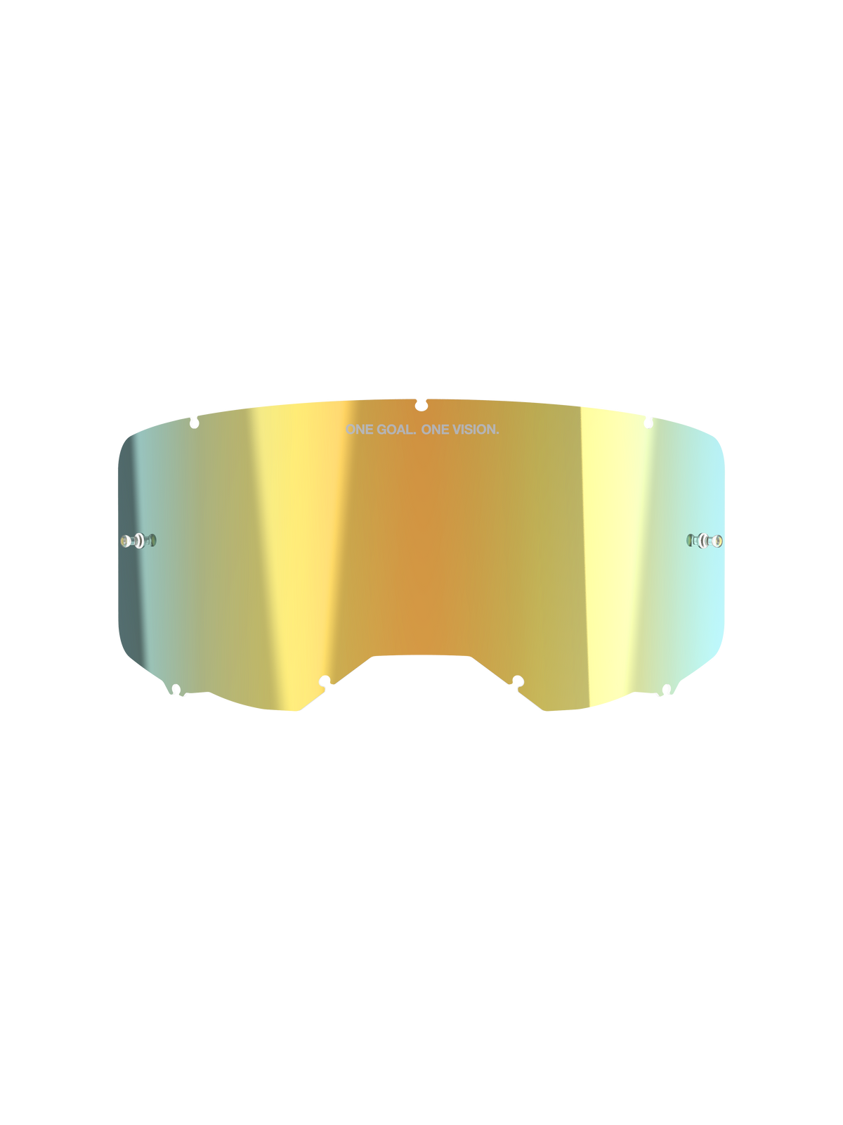 Alpinestars Vision 8-5-3 Mirror Lens, Motocross Goggle Accessory, Mirror Gold, reflective metallic finish with "ONE GOAL. ONE VISION." text, integrated tear-off posts, seven keyhole locking system, high-clarity polycarbonate for off-road racing