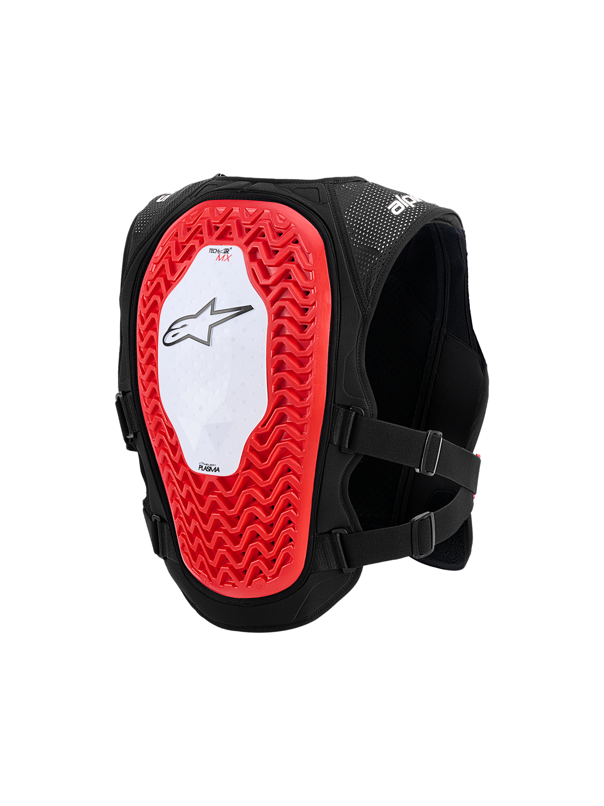 Alpinestars Tech-Air® MX System, autonomous off-road airbag vest, rear view showing a large red Nucleon PLASMA back protector with a honeycomb structure, white central panel with black star logo, breathable black mesh chassis, and adjustable side straps