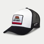Alpinestars Cali 2.0 Hat, Trucker Hat, White and Black, featuring a woven California bear patch with Alpinestars branding, structured crown, black curved bill and mesh back, casual motorsport headwear