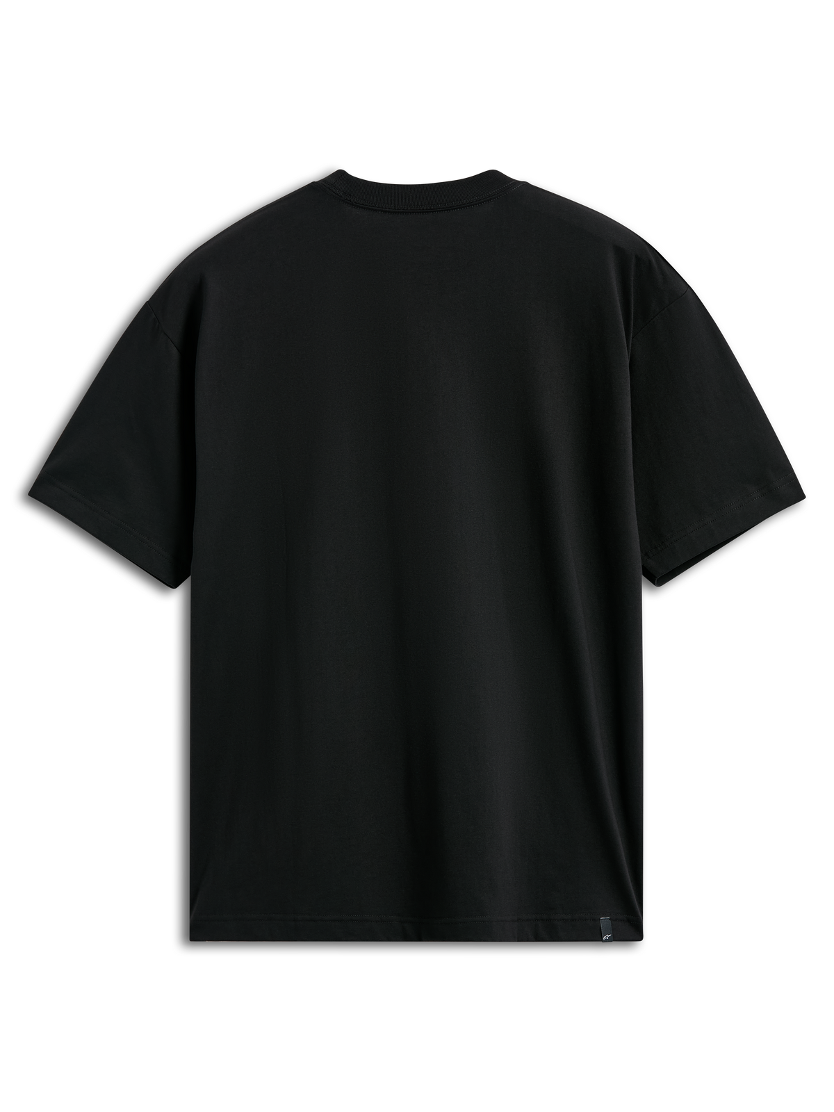 Alpinestars Plate CSF Tee, Short Sleeve T-Shirt, Black, Back View, Plain Design with Small External Label at Hem, Casual Motorsport Sportswear