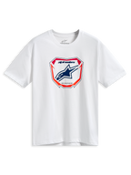 Alpinestars Plate CSF Tee, Short Sleeve T-Shirt, White, Central MX Plate Graphic with Blue Astars Logo and Red and Orange Accents, Casual Motorsport Streetwear