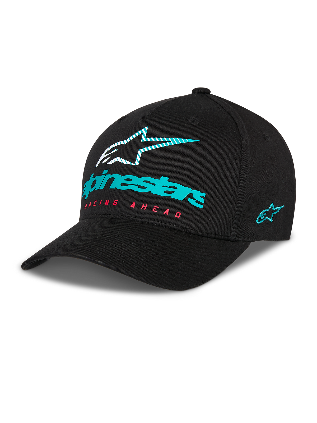 Alpinestars Instinct Hat, Black Baseball Cap with Curved Bill, Teal Alpinestars Logo and Striped Star on Front, Red 'Racing Ahead' Text, Teal Side Logo Embroidery, Casual Motorsport Headwear