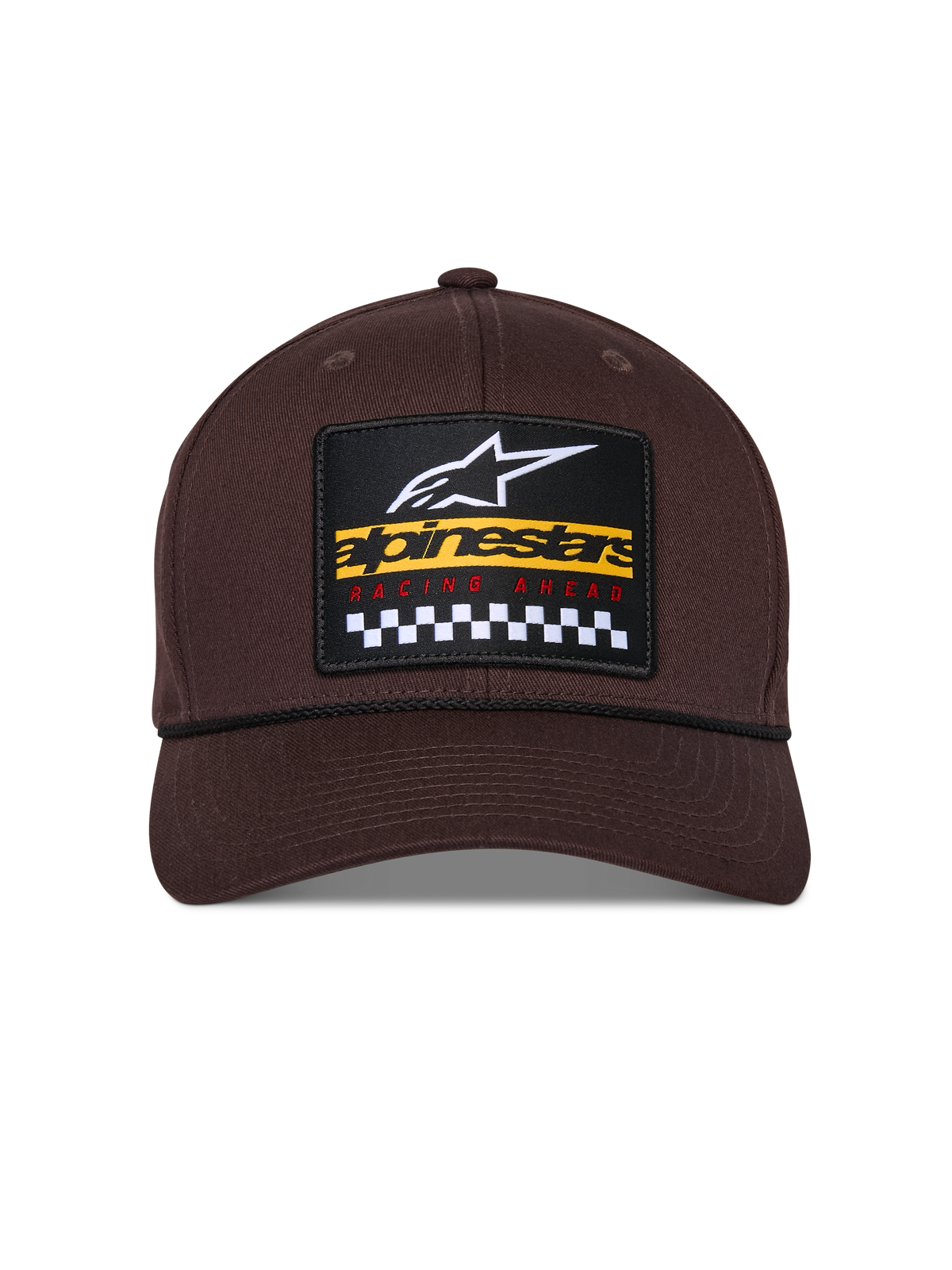 Alpinestars Matrix Snapback Hat, Brown, front view with structured crown and curved bill, multi-color embroidered patch with Alpinestars branding and checkered racing motif, black rope detail, casual motorsport-inspired headwear