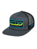 Alpinestars Phosphor Trucker Hat, Charcoal Black, Gray twill front with black mesh back, vibrant multi-color Astars logo with Racing Ahead text, flat bill, side logo embroidery, casual motorsport-inspired headwear