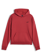 Alpinestars Essentials Ageless Hoodie, casual sportswear, brick red, featuring a small black Alpinestars star logo on the chest, kangaroo pocket, and ribbed hem and cuffs, minimalist streetwear design