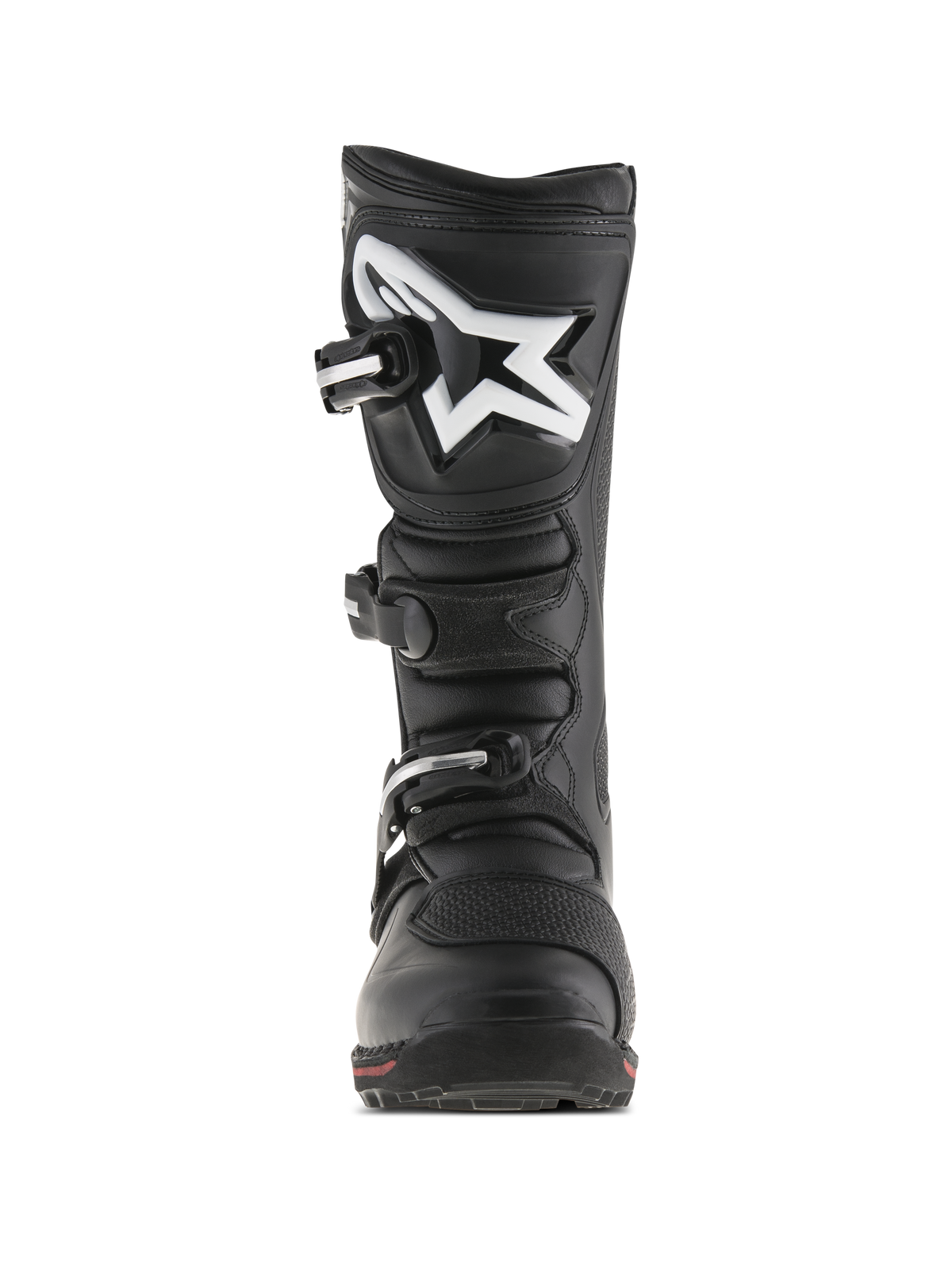 Alpinestars Tech-T Boots, Trials Motorcycle Boots, Black and Red, front view featuring ergonomic shin plate with white Astar logo, three-buckle closure system, and durable leather construction with a red accent on the sole.