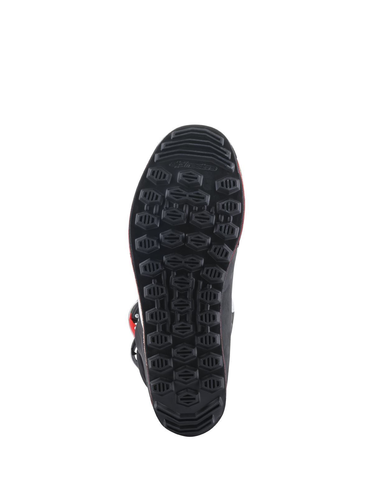 Alpinestars Tech-T Boots, sole view, black rubber outsole with textured hexagonal grip pattern, engineered for trials riding sensitivity and footpeg control.