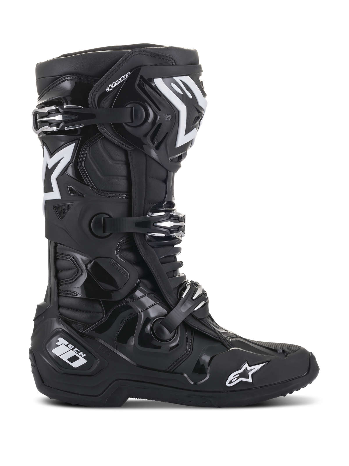 Alpinestars Tech 10 Boots, Motocross Boots, Black, side profile view featuring white Alpinestars star logos and Tech 10 branding, triple buckle closure system, robust TPU shell and microfiber construction for professional off-road racing