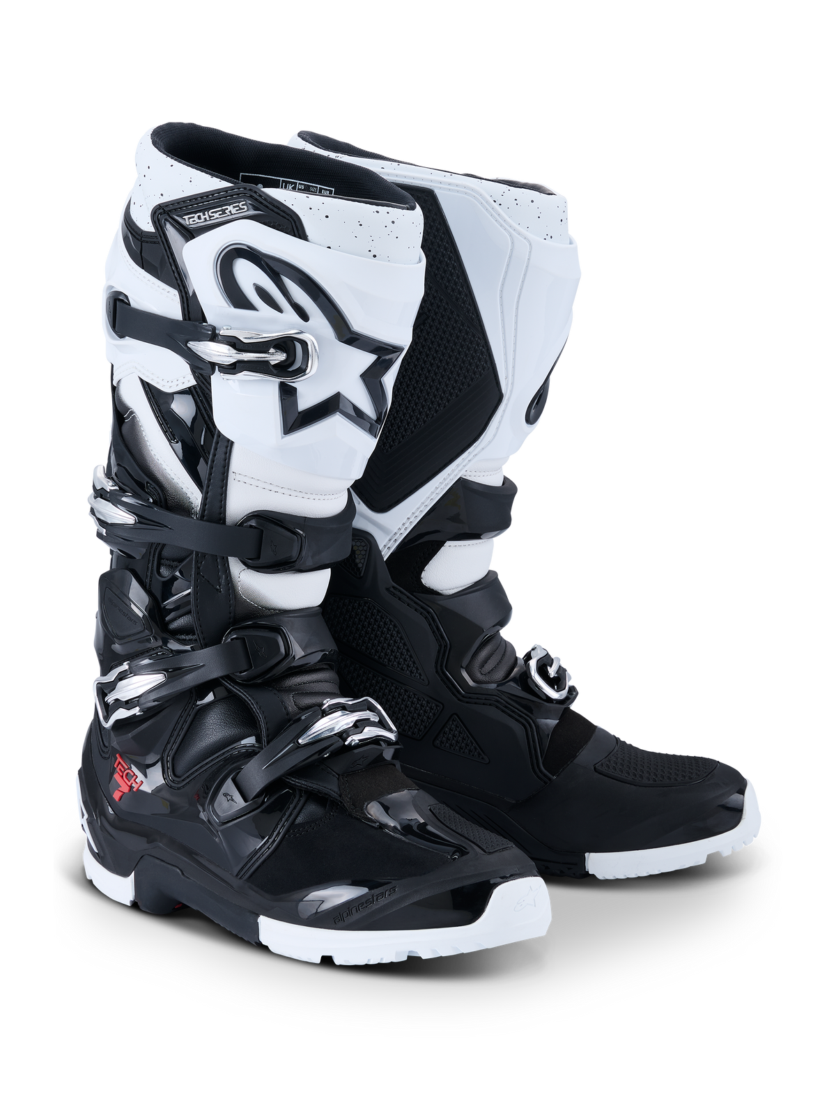Alpinestars 2026 Tech 7 Enduro Boots, Motocross and Enduro Boots, Black and White, featuring a four-buckle closure system, prominent white Astar logo on the shin, TPU protective panels, and specialized enduro sole for off-road grip.