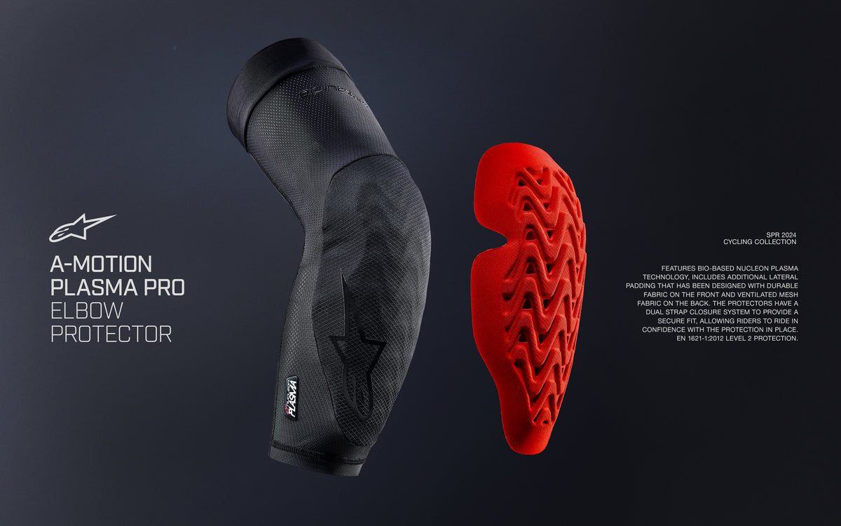 Alpinestars A-Motion Plasma Pro Elbow Protectors, black mesh MTB sleeve with red Nucleon PLASMA insert, Level 2 protection.
