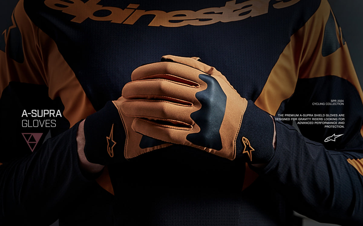 Alpinestars A-Supra Gloves, MTB gravity cycling gloves in Dark Gold and Black with high-stretch spandex upper.
