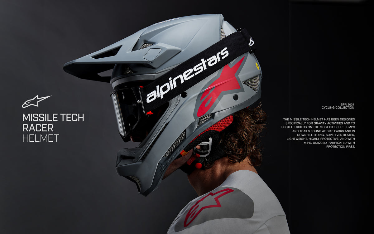 Alpinestars Missile Tech Racer Helmet, matte light gray downhill MTB full-face helmet with red accents and MIPS technology.