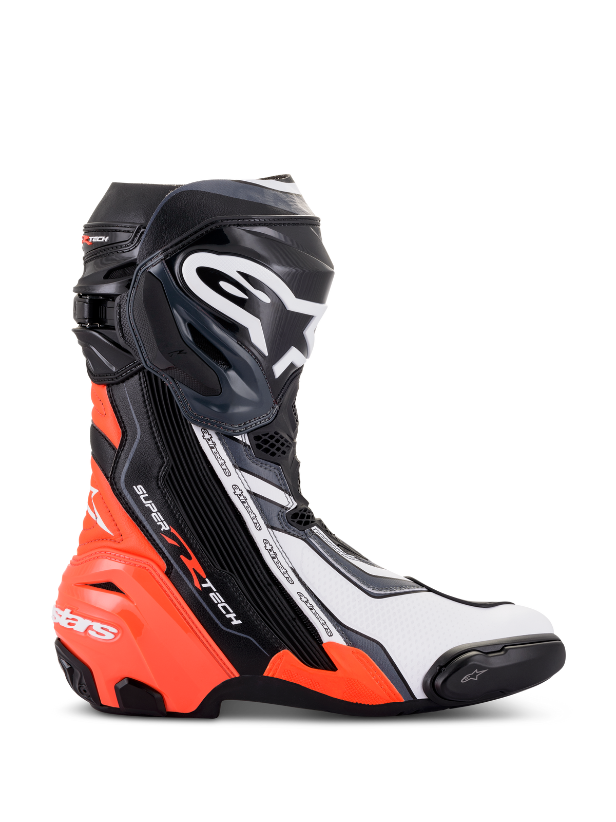Alpinestars Supertech R Boots, high-performance racing motorcycle footwear, Black Red Fluo White and Gray, profile view showing TPU shin plate and toe slider, aerodynamic design with bold branding for track and road use.