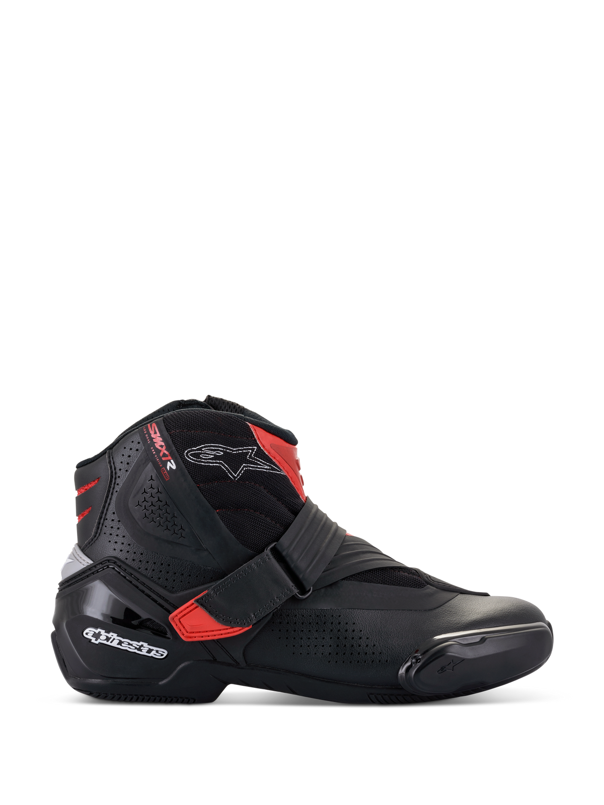 Alpinestars SMX-1 R V2 Vented Boots, low-cut motorcycle riding shoe, Black with Red accents and white logos, perforated microfiber upper for airflow, TPU heel counter and side protection, sporty road performance design.