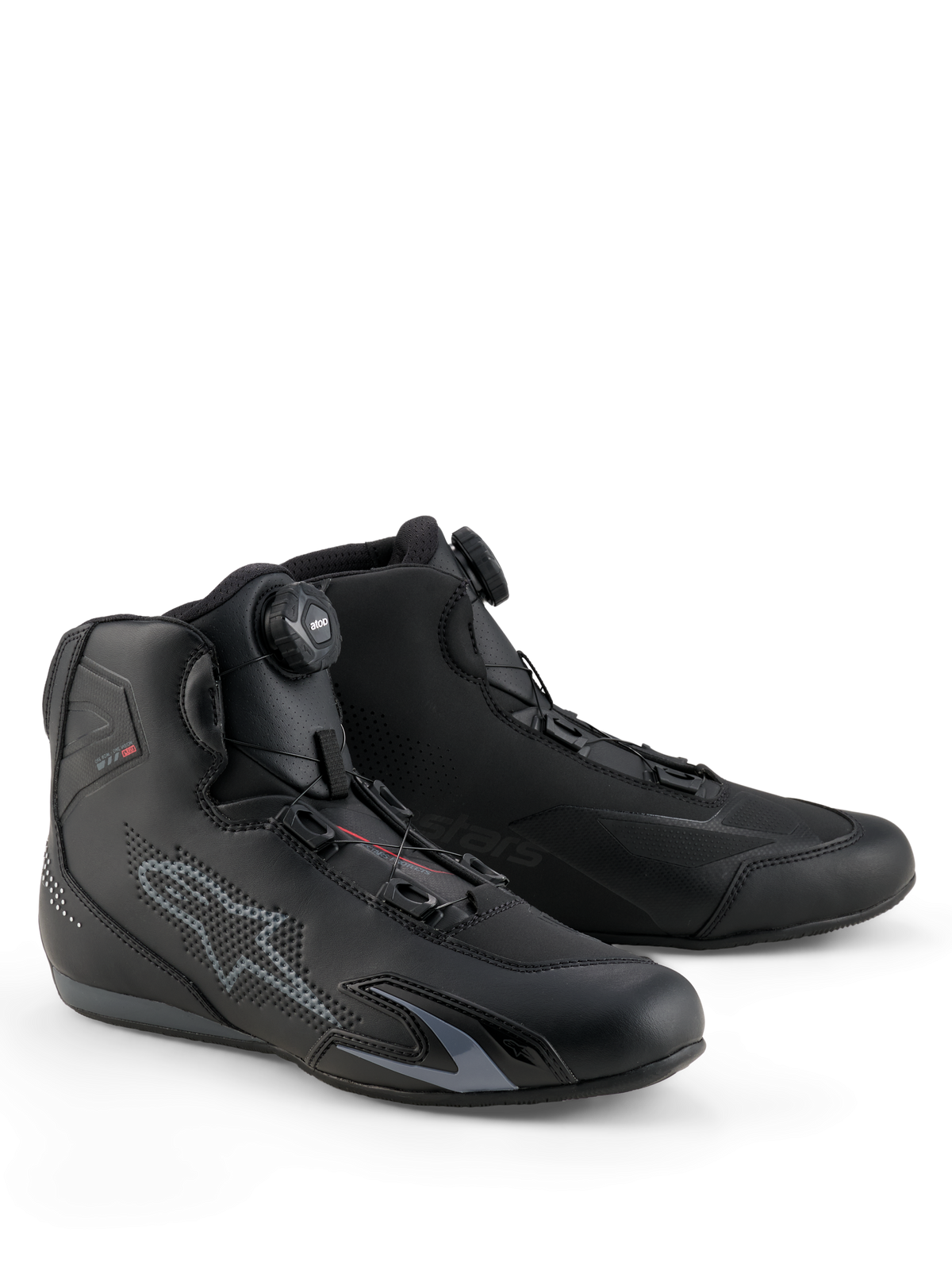 Alpinestars Celer Shoes, Motorcycle Riding Shoes, Black and Dark Gray, featuring integrated Rotor Closure System for precision fit, technical microfiber construction with perforated star logo, low-profile sport design for racing and street riding