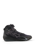Alpinestars Celer Superair Shoes, motorcycle riding shoes, Black and Dark Gray, side profile with high-airflow textile construction, featuring a Rotor Closure System and protective TPU reinforcements, sleek athletic motorsport design.