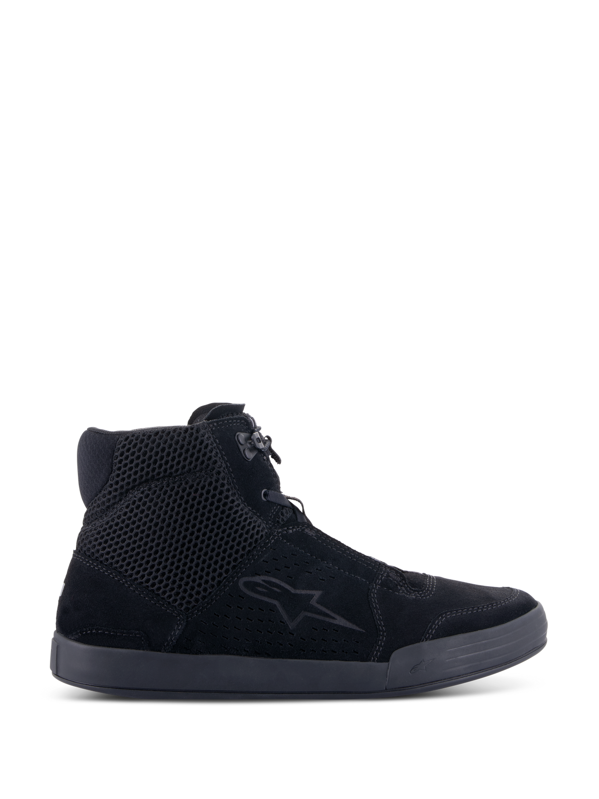 Alpinestars Chrome Air Shoe, Urban Motorcycle Riding Shoe, Black Black, side profile view, featuring a split suede and mesh upper, casual sneaker silhouette with integrated ankle protection for road riding.