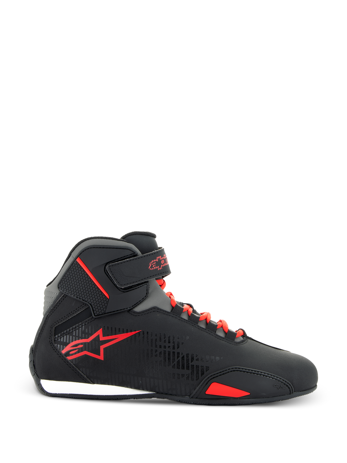 Alpinestars Sektor Shoes, Motorcycle Riding Shoes, Black and Bright Red, high-top profile with red laces and velcro ankle strap, red star logo on side, thin rubber sole with white heel accent, sleek microfiber and mesh construction