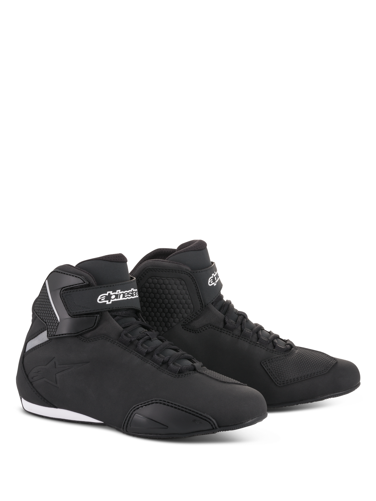 Alpinestars Sektor Shoes, Motorcycle Riding Shoes, Black, sleek mid-cut profile with microfiber upper, speed lacing system, white Alpinestars logo on the ankle strap, and durable rubber sole