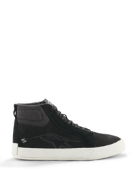 Alpinestars Ride-63 Leather Shoes, Black High-Top Sneakers, Motorcycle Urban Footwear, White Sole, Textured Fabric Ankle Collar, Black Suede Panels, Minimalist Design