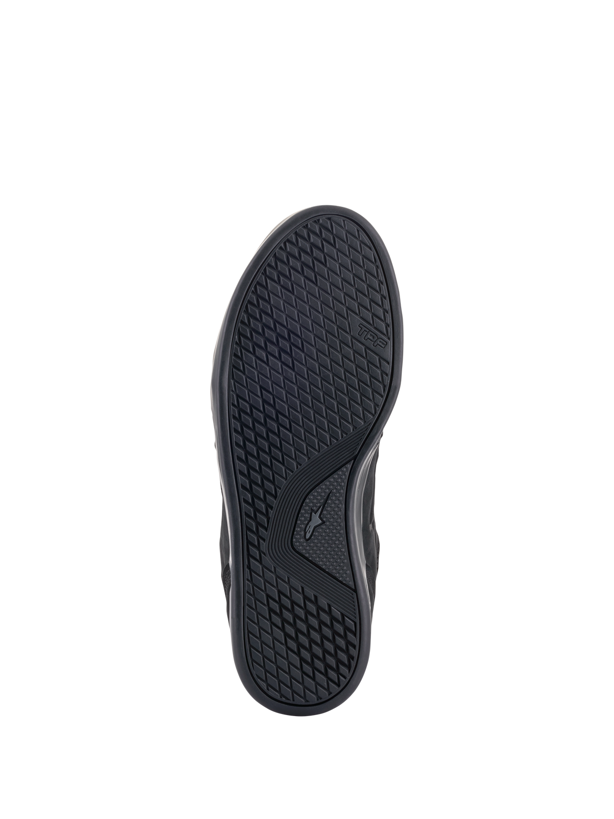 Alpinestars Primer Riding Shoes, Outsole View, Black, featuring an oil-resistant dual rubber compound sole with an asymmetric stud pattern for grip and high abrasion resistance, TPF branding visible on the side