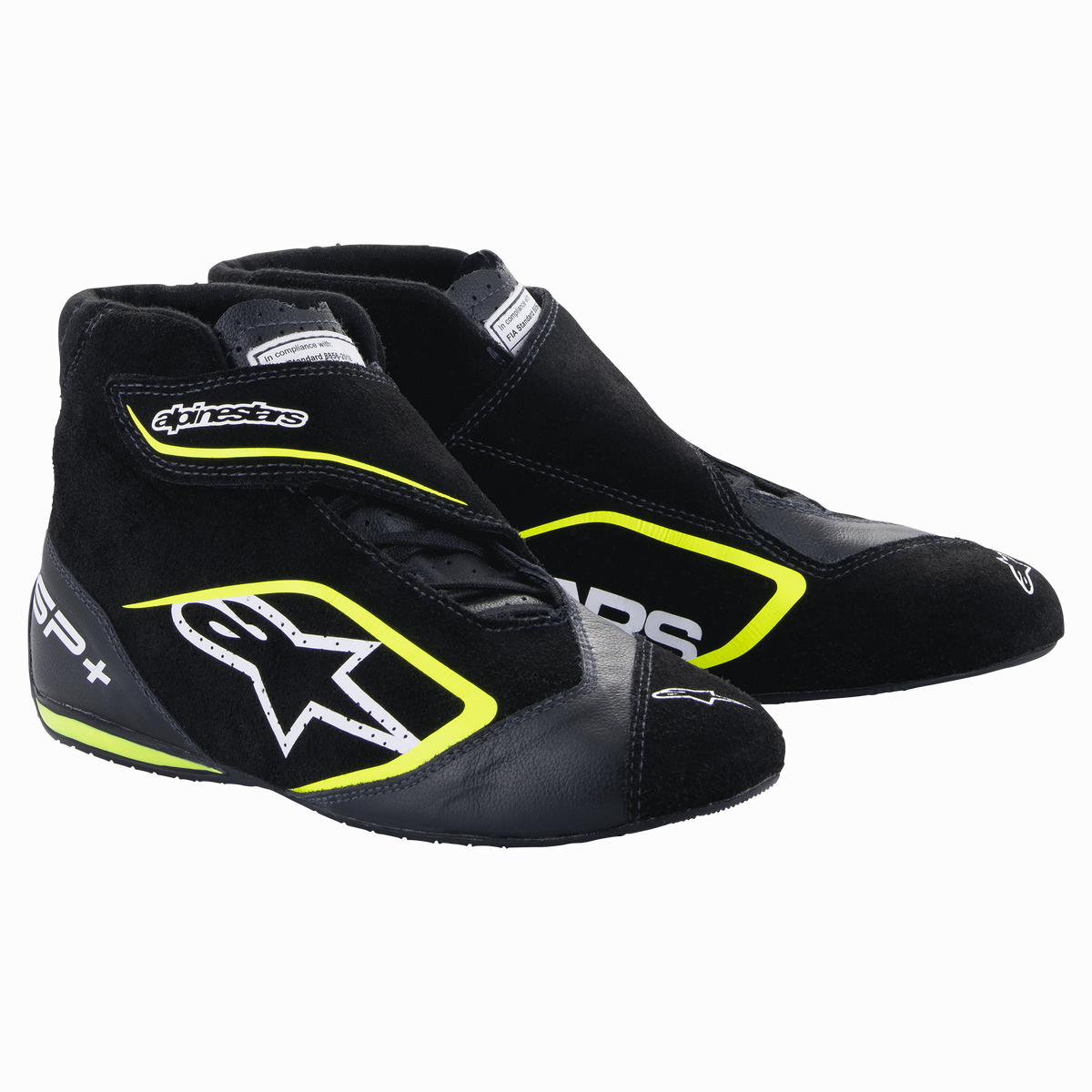 Alpinestars SP+ Shoes, Auto Racing Shoes, Black and Yellow Fluo, high-top design with white star logo and neon yellow accents, leather and suede construction, thin F1-inspired rubber soles, sporty motorsport aesthetic