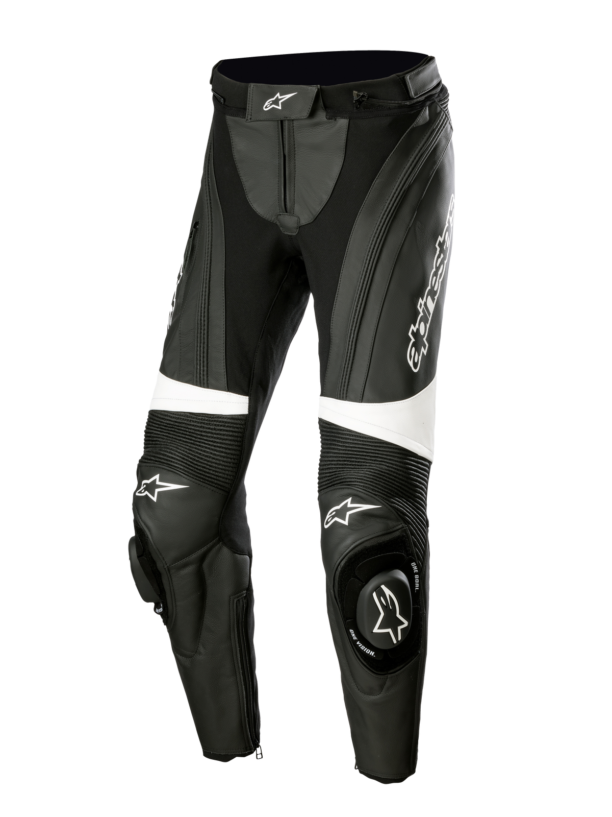 Alpinestars Stella Missile V3 Leather Pants, Women's Motorcycle Racing Pants, Black and White, featuring accordion stretch panels above the knees, integrated knee sliders with Alpinestars logo, white accent bands, and a streamlined fit for sport and track riding.