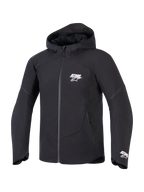 Alpinestars Aeroshell Waterproof Jacket, black men's hooded softshell motorcycle jacket with white ASTARS branding.