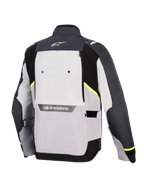 Alpinestars Cusco Drystar® Jacket, men's adventure touring motorcycle jacket in ice gray, mid gray, and deep gray, back view featuring multi-tonal textile panels, neon yellow accents, large rear ventilation panel, and white Alpinestars branding on the collar and lower back