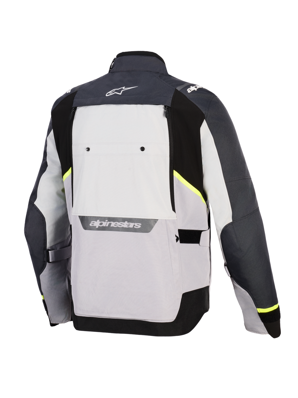 Alpinestars Cusco Drystar® Jacket, men's adventure touring motorcycle jacket in ice gray, mid gray, and deep gray, back view featuring multi-tonal textile panels, neon yellow accents, large rear ventilation panel, and white Alpinestars branding on the collar and lower back