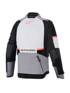 Alpinestars Stella Andes V4 Drystar Jacket, women's adventure touring motorcycle jacket in dark gray, ice gray, and black with coral fluo accents, back view showing waterproof textile construction, large rear storage pocket, and overlap back closure.