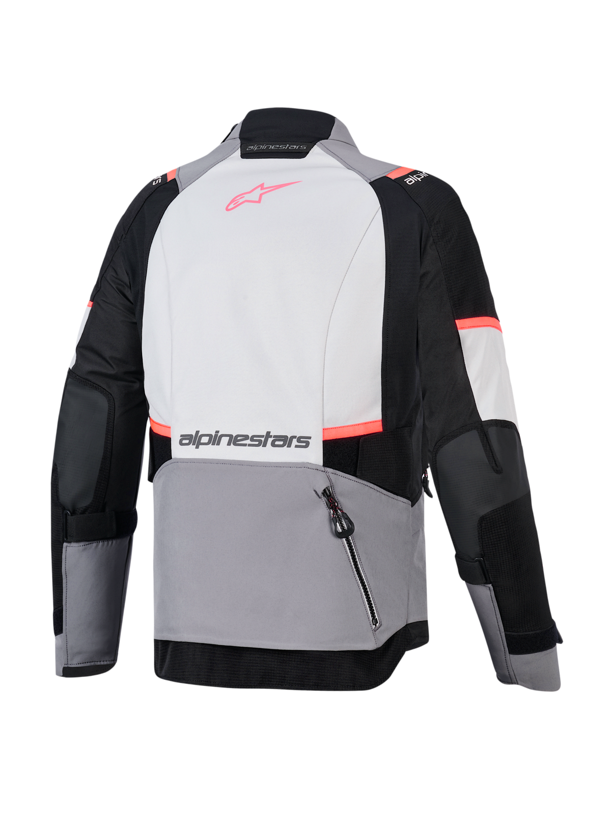Alpinestars Stella Andes V4 Drystar Jacket, women's adventure touring motorcycle jacket in dark gray, ice gray, and black with coral fluo accents, back view showing waterproof textile construction, large rear storage pocket, and overlap back closure.