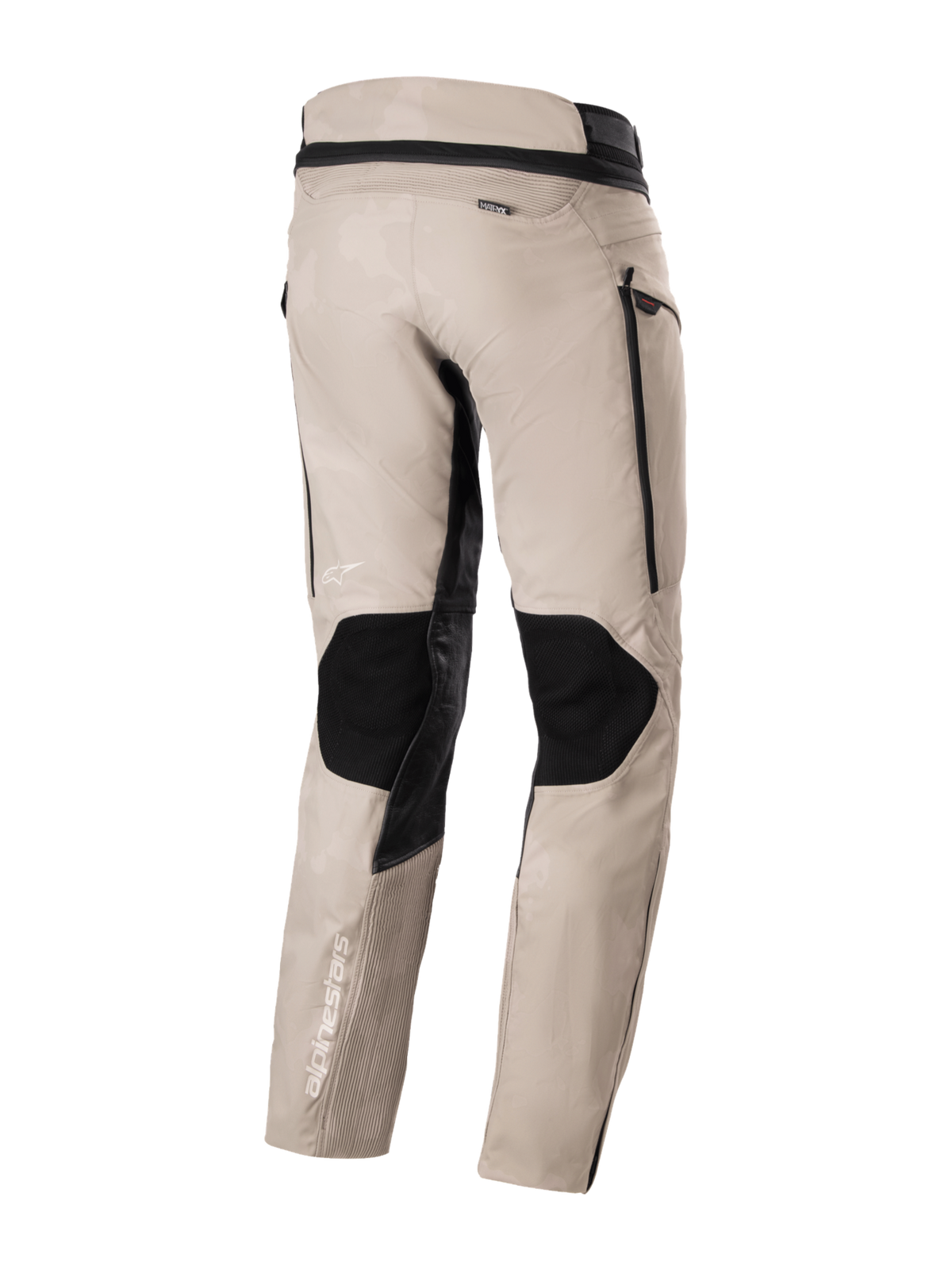 Alpinestars AMT-10LAB Drystar® XF Pants, men's adventure touring motorcycle pants in aluminum camo and black, rear view showing laminated textile construction and stretch panels