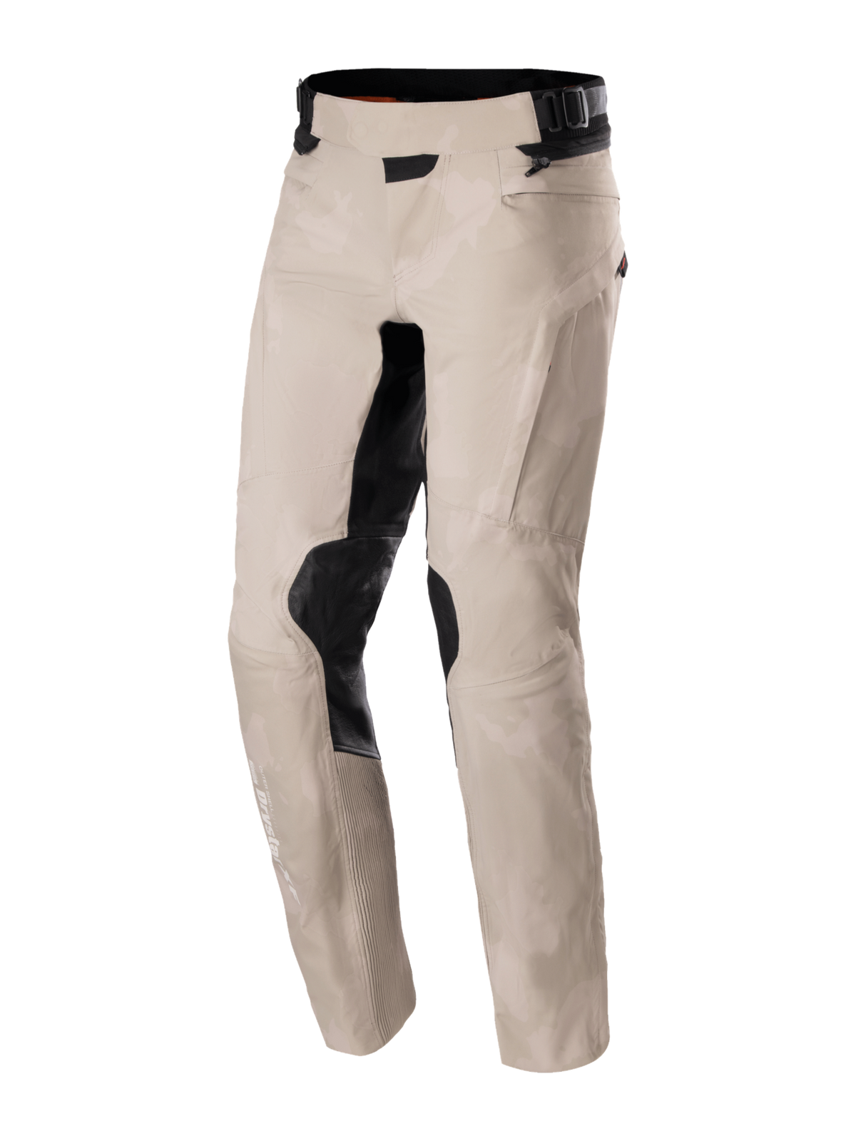 Alpinestars AMT-10LAB Drystar® XF Pants, men's adventure touring motorcycle pants in aluminum camo and black, front studio view showcasing laminated waterproof textile construction and CE certification.