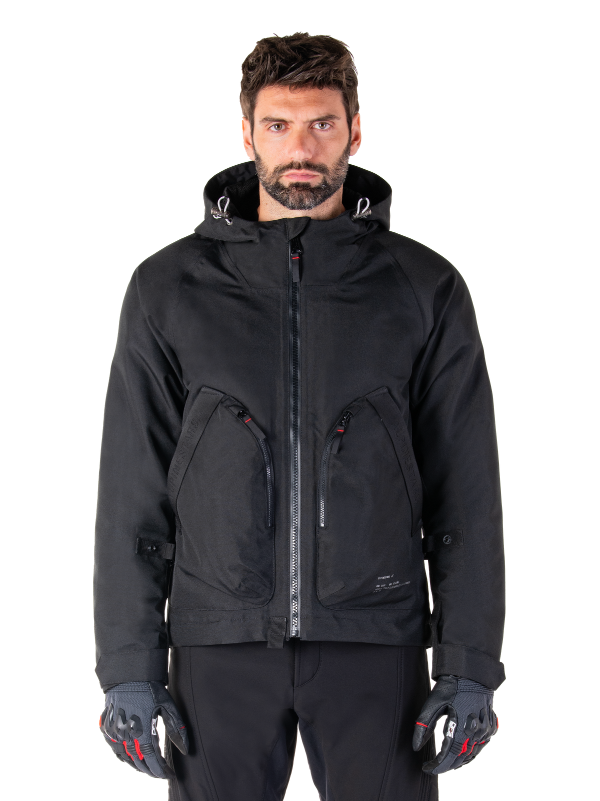Alpinestars Morush Waterproof Parka, black men's urban motorcycle jacket with a hood and large zippered pockets.