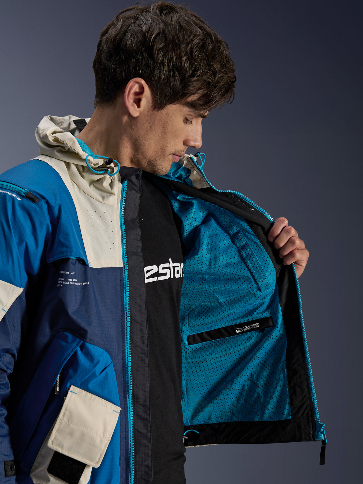 Alpinestars Mogress Air Jacket, Men's Urban Motorcycle Jacket, Blue and Almond, with inner mesh and waterproof pocket.