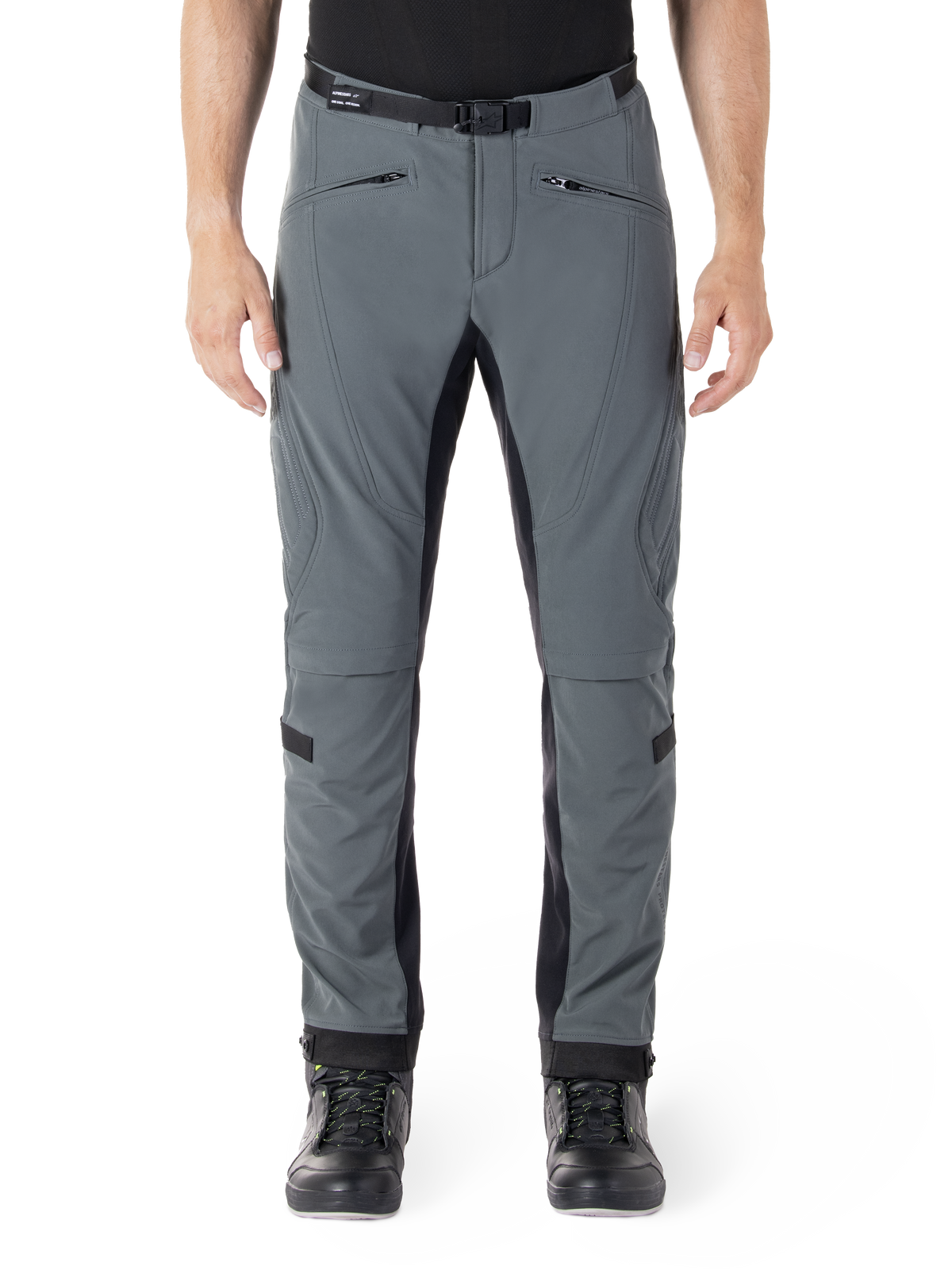 Alpinestars Alden Pants, Urban Gray with black panels, technical motorcycle riding pants, front view featuring zippered pockets and integrated magnetic waist belt, slim-fit softshell design for urban commuting