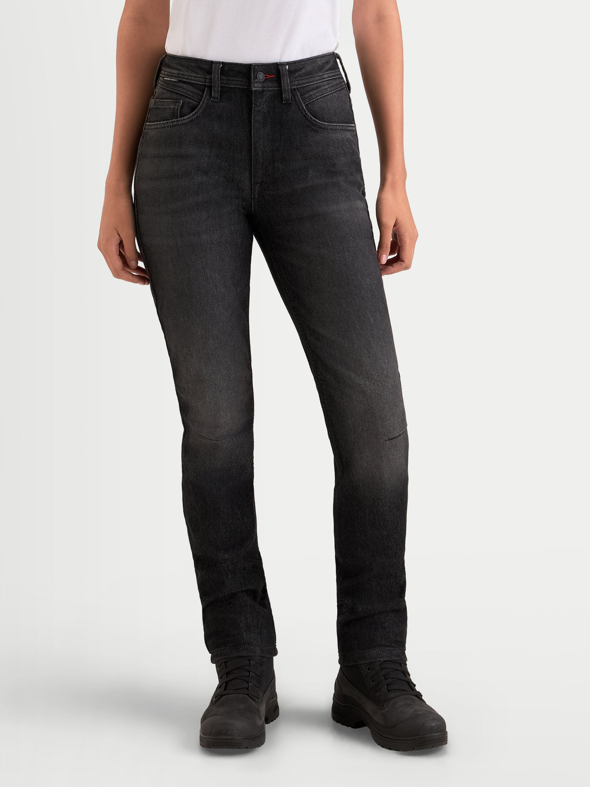 Alpinestars Stella Flex-AST 7 Denim Pants, women's urban motorcycle denim pants worn by a model, faded black, featuring AA-rated single-layer technical denim construction and COOLMAX comfort
