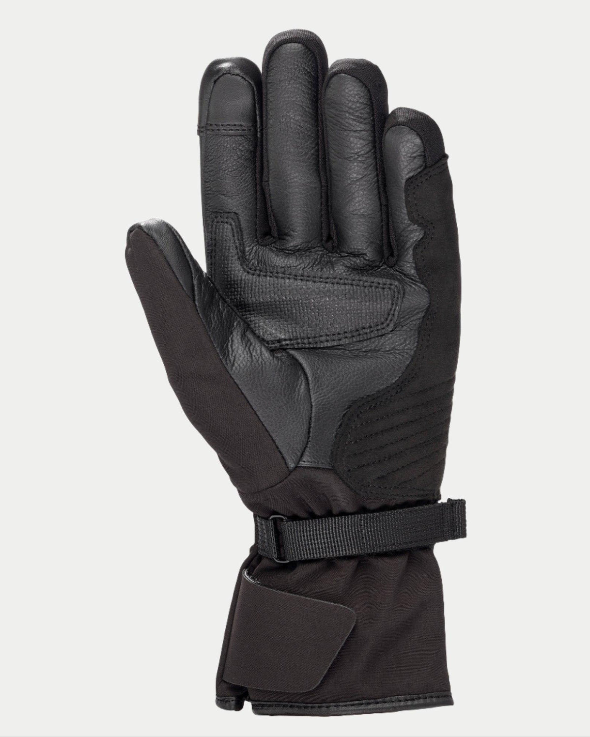 Alpinestars Women Stella Tourer W-7 Drystar® Gloves, Black, palm view showing leather and softshell construction, long touring cuff with adjustable strap, reinforced palm and thumb, waterproof and thermal winter motorcycle gear for adventure touring