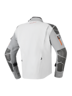 Alpinestars Nazca 3L GORE-TEX PRO Jacket, adventure motorcycle jacket, dark gray and mid gray, rear view featuring Superfabric reinforcements on sleeves and shoulders, orange zipper detailing, and technical 3-layer laminated construction.