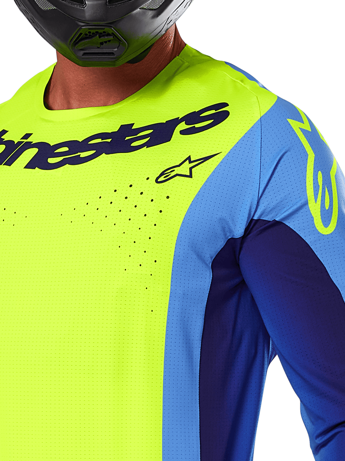 Alpinestars 2025 Techstar Melt Jersey, Motocross Jersey, Yellow Fluo and Blue, close-up shot showing laser-cut ventilation holes and navy blue branding, worn by a rider with a black helmet, performance gear for off-road racing