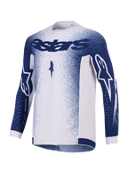 Alpinestars 2026 Supertech Scenz Jersey, Motocross Jersey, Light Gray and Dark Blue, featuring dark blue Astars branding on the chest and sleeves, gradient speckle pattern, laser-cut perforations for ventilation, professional-grade off-road racing gear