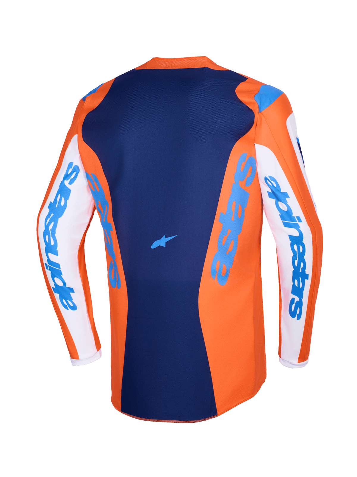 Alpinestars 2026 Fluid Grid Jersey, Motocross Jersey, Orange and UCLA Blue, white sleeves with blue Alpinestars branding, dark blue back panel with small star logo, extended rear cut for off-road riding