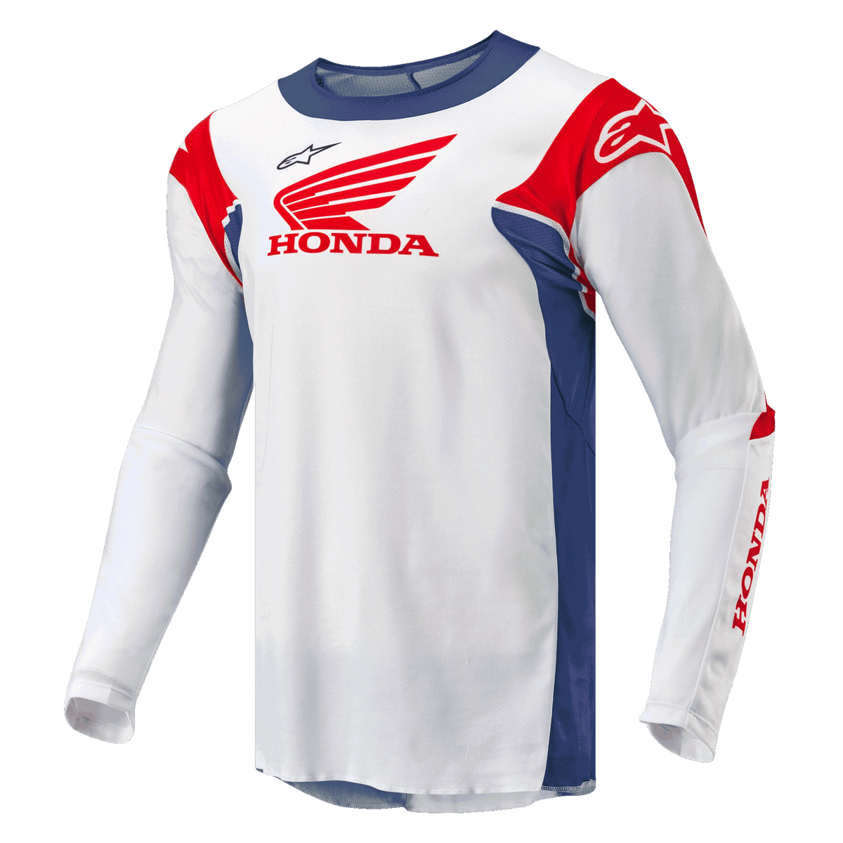Alpinestars Honda Racer Iconic Jersey, motocross off-road jersey for men, white with bright blue and bright red accents, featuring moisture-wicking synthetic construction and official Honda branding