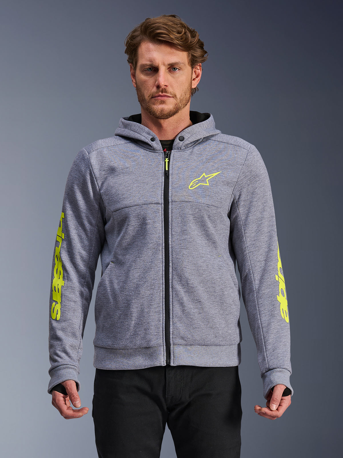 Alpinestars Chrome V2 Sport Hoodie, Men's Urban Motorcycle Jacket, Gray Heather and Fluo Yellow Tech Fleece.