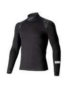 Alpinestars ZX Evo V3 Top, Long Sleeve Auto Racing Base Layer, Black, featuring mock neck with Alpinestars logo, shoulder graphics, and SFI certification tag on the sleeve, professional flame-resistant motorsport underwear